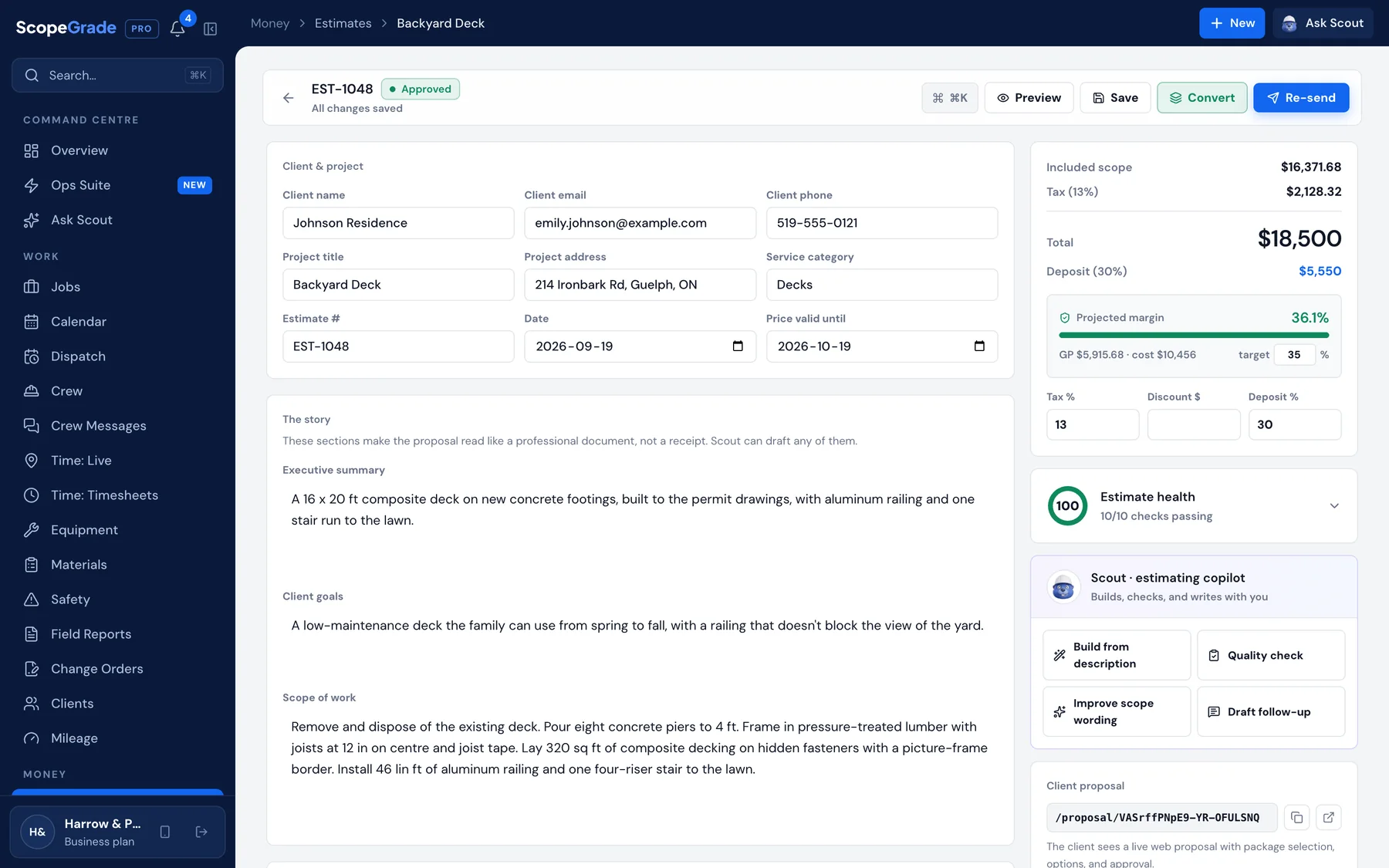 An approved estimate for the Backyard Deck job in the Ops Suite estimate builder, with its total and deposit.